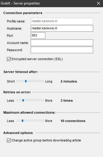GrabIt: EasyUsenet server details entered