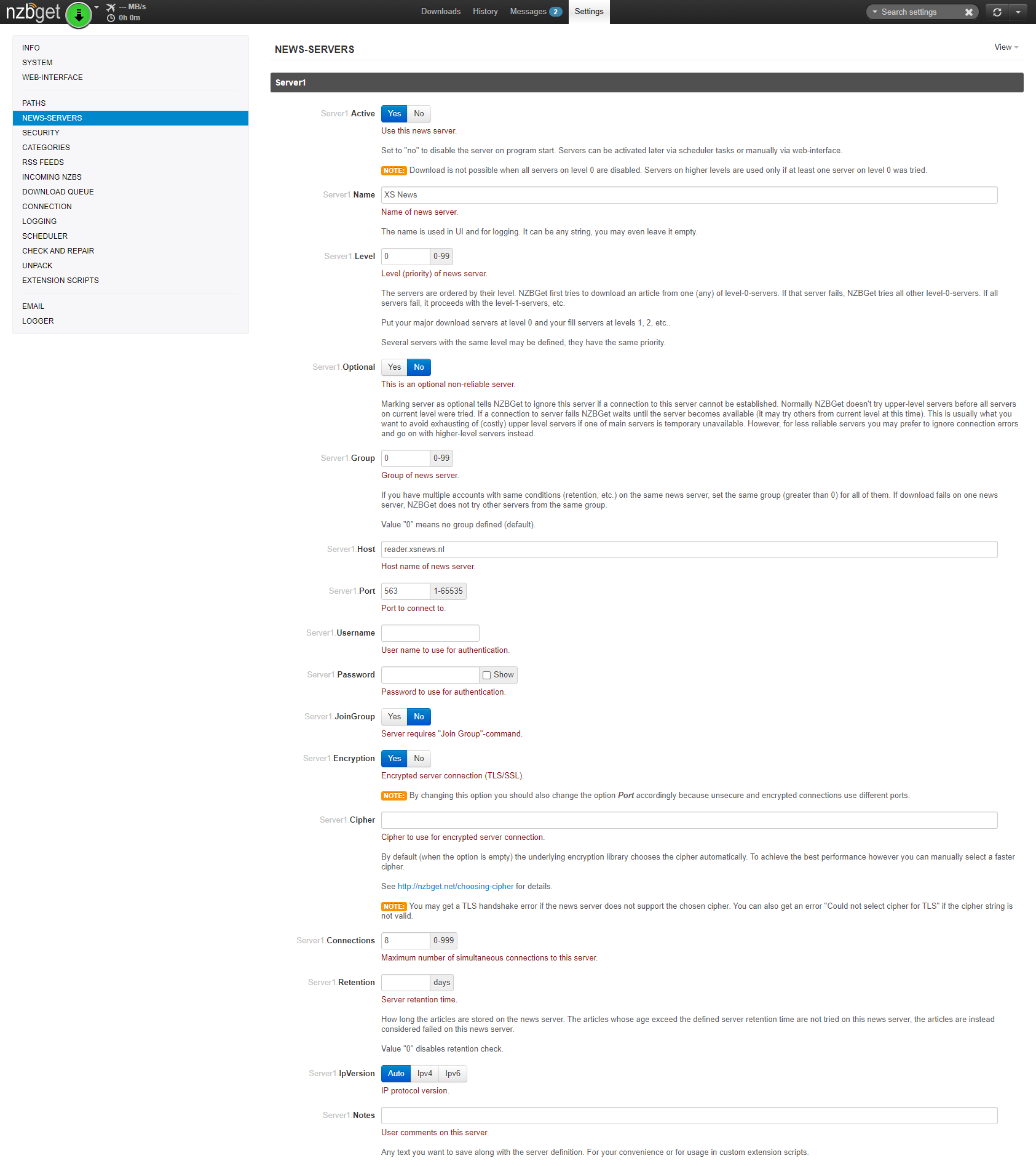 NZBGet: EasyUsenet server details entered
