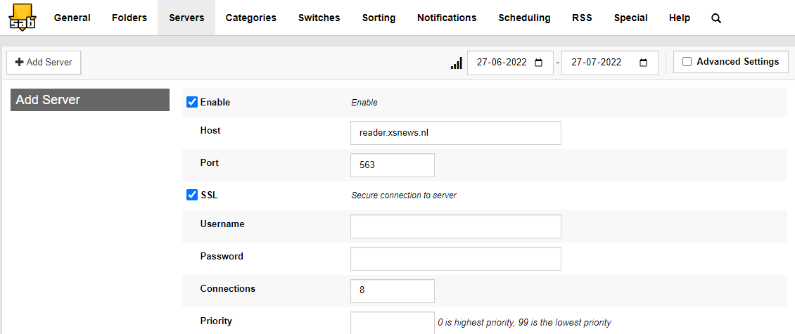 SABnzbd: EasyUsenet server details entered